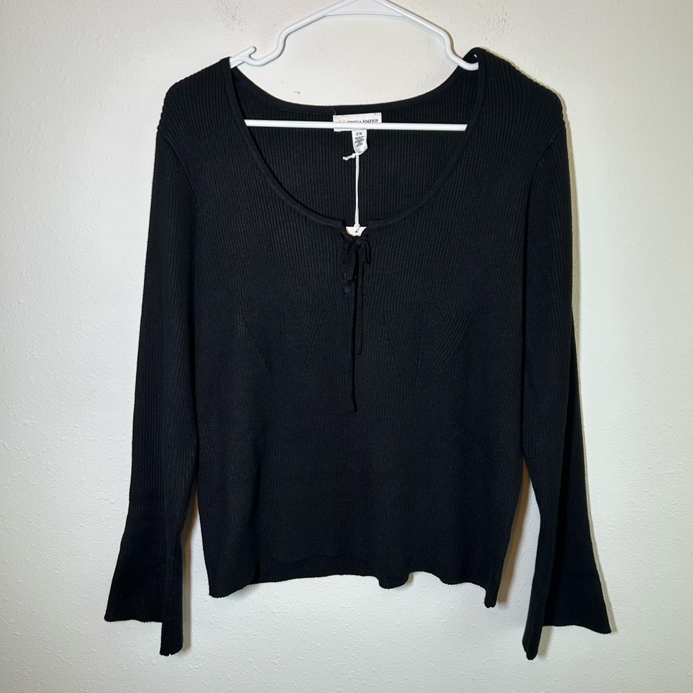 Rib Knit Black Sweater Sz 2X Lace Up Flare Sleeve Bratzcore Office Siren NEW